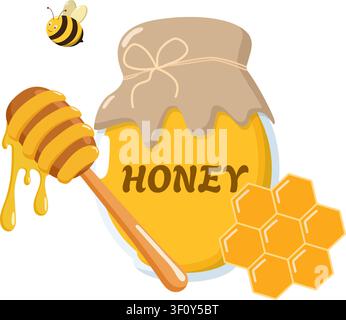 Pot de miel avec cuillère, pain de miel et illustration d’abeille, symbolisant la douceur, l’abondance et les traditions du Nouvel An juif Rosh Hashanah Illustration de Vecteur