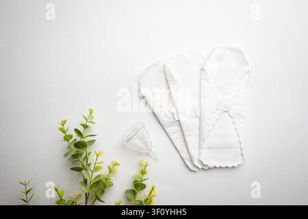 Différents types de produits d'hygiène féminine - coupes menstruelles, tampons hygiéniques réutilisables sur fond blanc. Concept zéro déchet de menstruation. Banque D'Images