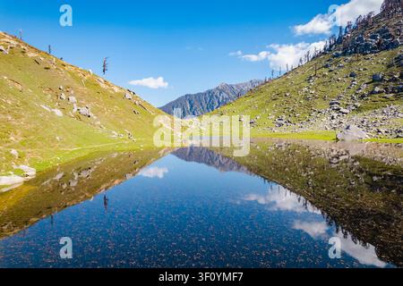 Une vue aérienne du paisible lac Kareri à Dharamshala, dans l'Himachal Pradesh, reflétant les montagnes environnantes. Banque D'Images