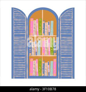 Fenêtre avec étagères dans une librairie. Littérature et manuels sur les étagères. Lecture et connaissance. Bibliothèques. Illustration vectorielle plate isolée Illustration de Vecteur