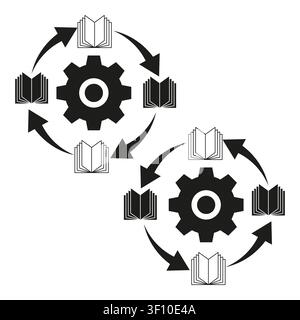 La collection de vélos Book Gear présente un ensemble vectoriel noir. Les symboles d'infographie sur le processus éducatif améliorent les projets de synchronisation d'apprentissage. eps 10 Illustration de Vecteur