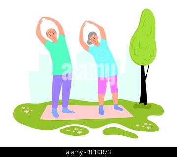 Vieillesse et éducation physique. Homme et femme s'échauffant sur un tapis dans le parc de la ville. Vieillissement en bonne santé, routine matinale en plein air, exercices. Illustration de Vecteur