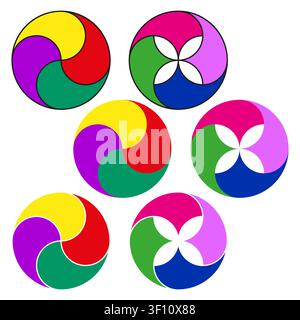 Collection de logos abstraits colorés en forme de cercles présentant un ensemble vectoriel plat. Les formes géométriques en forme de moulin à vent améliorent les projets créatifs modernes. eps 10 Illustration de Vecteur
