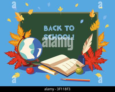 Carte de retour à l'école. Tableau vert, livres, globe, feuilles d'automne. Vecteur pour cadeau d'enseignant, poster de classe ou vœu saisonnier. Illustration de Vecteur
