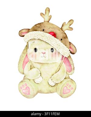 Lapin de Noël peint à l'aquarelle portant une capuche de renne. Illustration de fête mignonne pour cartes de vœux, décoration de chambre d'enfant, invitations, célébrations hivernales Illustration de Vecteur