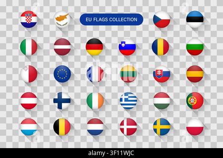 Collection des drapeaux nationaux des États membres officiels de l'Union européenne sur fond transparent en forme d'icônes de bouton rond plat pour interface utilisateur web et Illustration de Vecteur