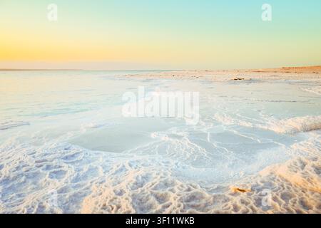 Close up de cristaux de sel de la mer Morte sur la plage du rivage en Jordanie au coucher du soleil avec une eau turquoise, côte désertique, point le plus bas du paysage terrestre. Jordanie - Israël Banque D'Images