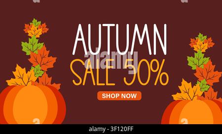 Bannière de vente d'automne 50 pour cent de réduction avec citrouilles, feuilles d'érable colorées, promotion automnale, fond de réduction pour Thanksgiving et artwork de modèle saisonnier Illustration de Vecteur