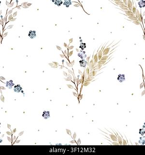 Motif botanique sans couture en aquarelle avec blé, fleurs sauvages et branches délicates Banque D'Images