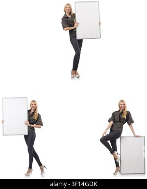 Belle jeune femme avec tableau blanc isolated on white Banque D'Images