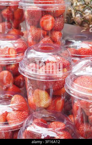 Des fraises fraîches présentées dans des coupelles transparentes sur un étal de marché Banque D'Images