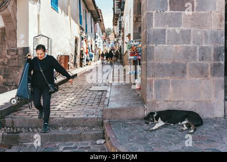 Cusco, Pérou – 24 mars 2025 : scène de rue dans la ville historique de Cusco avec un chien errant dormant sur un trottoir pavé Banque D'Images