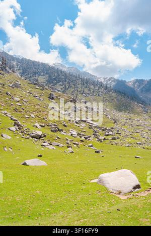Une vue pittoresque des pentes montagneuses luxuriantes et vertes couvertes de rochers éparpillés au lac Kareri dans l'Himachal Pradesh. Banque D'Images