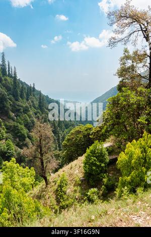 Une vue panoramique à haute angle d'un paysage de vallée montagneuse luxuriant et vert sous un ciel bleu éclatant dans l'Himachal Pradesh. Banque D'Images