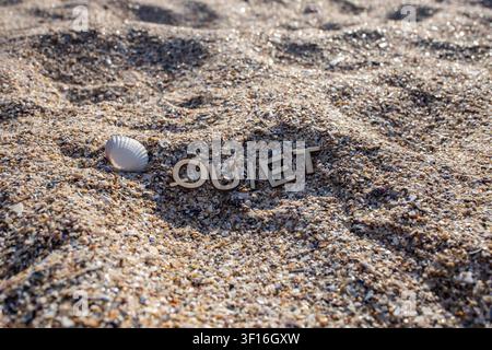 Le mot "Calme" épelé avec des lettres en bois sur une plage de sable avec une coquillage, mise au point douce de côté Banque D'Images