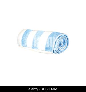 Une illustration à l'aquarelle d'une serviette roulée rayée. Un accessoire bleu et blanc pour la plage, les voyages ou les vacances. Cette serviette douce et sèche dessinée à la main Banque D'Images