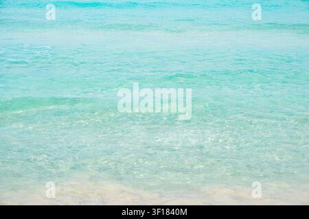 Une plage de sable avec une eau turquoise limpide et de petites vagues se jetant sur le rivage. Banque D'Images