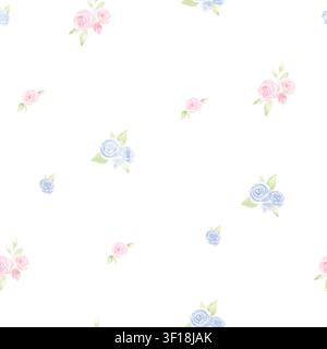 Motif sans couture avec illustration aquarellée de délicates roses roses et bleues. Design floral romantique doux, esthétique légère et aérée pour textiles pour bébés Banque D'Images