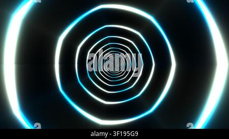 Un tunnel circulaire présente des contours bleus et blancs lumineux. La perspective attire le spectateur dans un chemin vibrant et illuminé qui crée de la profondeur Banque D'Images