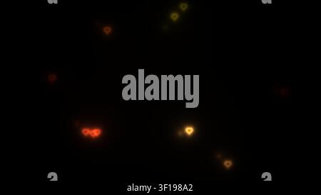 Une collection de formes de cœur lumineuses apparaît dispersée sur un fond sombre. Les cœurs varient en taille et en luminosité, créant une ambiance chaleureuse et accueillante Banque D'Images