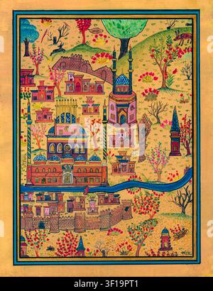 Peinture miniature ottomane de la carte de la ville de Tebriz, reproduction d'après Matrakci Nasuh, œuvre originale. Banque D'Images