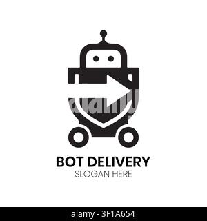 Ce logo Bot Delivery présente un robot avec une flèche, symbolisant des services logistiques robotiques rapides et efficaces. Illustration de Vecteur