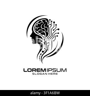 Logo de Brain Neurology Tech représentant un profil de tête humaine combiné à des motifs de circuits numériques complexes pour un projet d'IA. Illustration de Vecteur