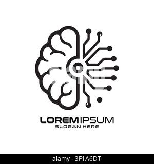 Logo Brain Neurology Tech représentant un demi-cerveau divisé associé à un arrangement vertical de lignes de circuit numérique. Illustration de Vecteur