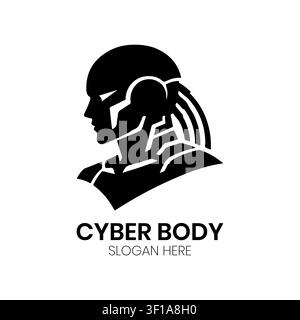 Logo Cyber Body montrant un profil latéral d'une tête humaine cyborg futuriste avec des lignes mécaniques détaillées pour la technologie et la robotique. Illustration de Vecteur