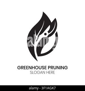 Logo Greenhouse Pruning avec une feuille et un bras robotique pour l'identité de marque de technologie agricole professionnelle et de soins intelligents des plantes Illustration de Vecteur