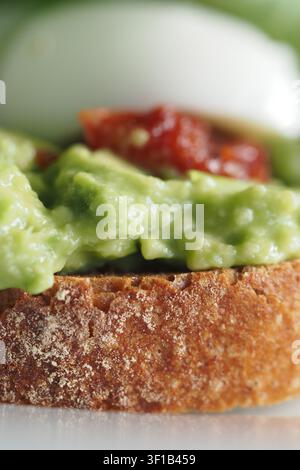 Tranche de toast à l'avocat mettant en valeur une purée d'avocat crémeuse sur une épaisse tranche de pain au levain rustique grillé Banque D'Images