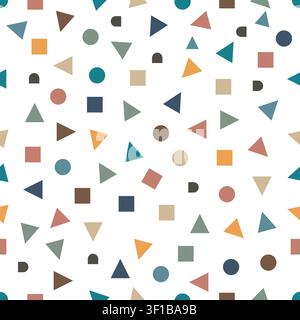 Texture de motif sans couture abstrait présentant des formes géométriques colorées dispersées, des triangles et des cercles sur un fond blanc. Illustration de Vecteur