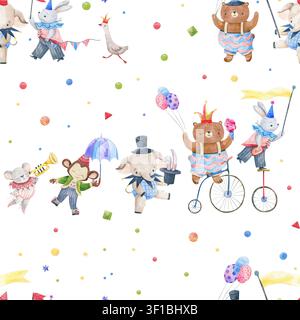 Un motif sans couture joyeux mettant en scène des animaux de cirque mignons dessinés à la main à l'aquarelle exécutant des tours avec des confettis. Parfait pour les vêtements pour enfants, les papiers peints, b Banque D'Images