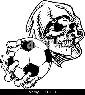 Une faucheuse sinistre ou une équipe sportive de squelette de mort ou une mascotte d'Halloween tenant un ballon de football Illustration de Vecteur