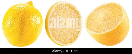 Trois vues de citrons jaunes frais, dont un fruit entier et deux tranches. Banque D'Images