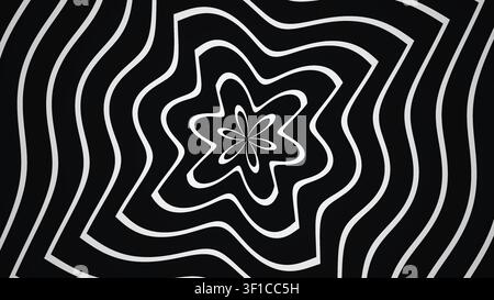 Ce design présente une série de lignes ondulées noires et blanches créant un motif en spirale qui attire le regard et invite à explorer ses formes et pour Banque D'Images