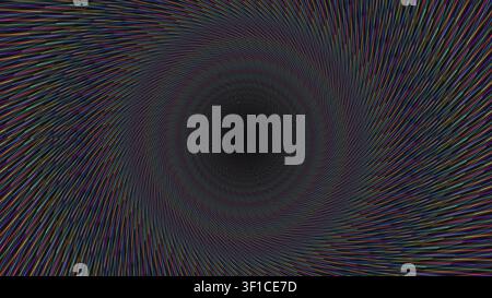 Cette image statique présente un motif en spirale créé par des lignes et des courbes sur un fond sombre. Le design met en valeur des couleurs vibrantes qui convergent Banque D'Images