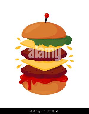 Cheeseburger en couches isolé. Icône de restauration rapide avec pain, steaks, fromage, laitue et sauce, concept de produit de menu pour les graphismes de restaurant et de livraison. Illustration isolée de style plat de dessin animé vectoriel Illustration de Vecteur