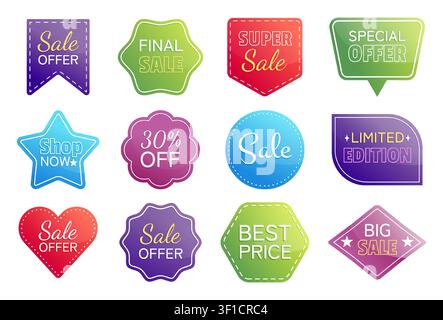 Ensemble d’autocollants de soldes. Icône d’étiquette de nouveau prix, forme d’étiquette de réduction ou bannière d’offre spéciale avec ruban. Emblème géométrique plat moderne, annonces marketing pour les achats, édition limitée. Conception vectorielle Illustration de Vecteur