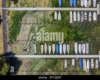 Sécheresse sur le lac de Constance. La marina de Mannenbach-Salenstein dans le canton de Thurgovie est presque entièrement à sec. Les bateaux sont à sec au quai et ne peuvent pas Banque D'Images