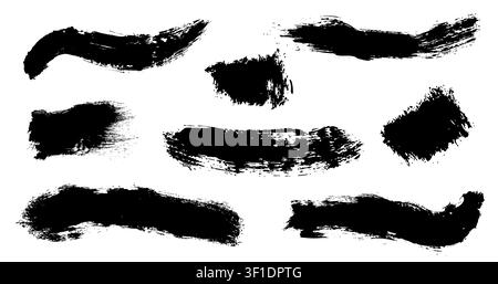 Pack de pinceaux vectoriels noirs dessinés à la main isolés sur blanc. Éclaboussures de peinture détaillées. Motif à rayures grungy. Illustrateur vectoriel Illustration de Vecteur