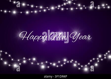 Concept Violet pour la nouvelle année avec des guirlandes réalistes. Décoration de Noël et du Nouvel An chinois. Carte de nouvel an ou concept de vente. Illustration vectorielle Illustration de Vecteur