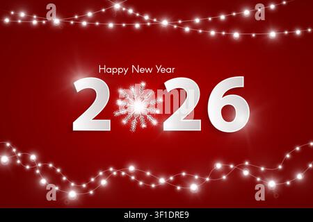 Concept rouge « Happy New Year 2026 » avec flocon de neige argenté et guirlandes blanches. Décor de Noël et du Nouvel An chinois. Carte de nouvel an ou concept de vente. Vecteur Illustration de Vecteur