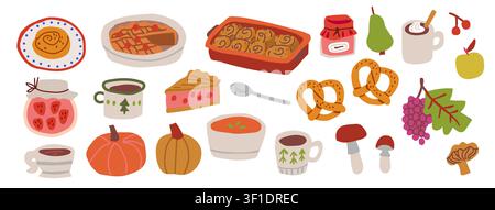Méga ensemble de clipart de récolte automnale avec des citrouilles, des tartes, des pâtisseries, des bretzels, de la soupe de citrouille, des champignons, des baies, des raisins, des pommes, des poires, des bocaux de confiture, des théières, des tasses, des boissons chaudes et des éléments saisonniers cosy, collection polyvalente pour autocollants, emballages, scrapbooking, cartes de vœux, planificateurs, branding et projets de design automnal Illustration de Vecteur