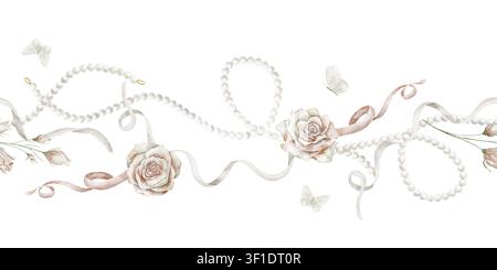 Bordure sans couture aquarellée avec rubans, perles, roses rose pastel et papillons blancs. Illustration d'un motif floral délicat pour mariage Banque D'Images