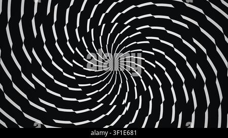 Le design présente un motif en spirale noir et blanc composé de formes alternées. Le contraste attire l'attention sur la géométrie complexe de la spirale Banque D'Images