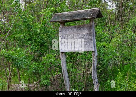 Un panneau en bois patiné se dresse parmi des arbustes et des arbres verts et denses, ses lettres gravées à la main fanées évoquant un sentier oublié ou une entrée de prairie Banque D'Images