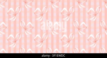Motif sans couture de nœuds en ruban rose sur fond à carreaux roses, aquarelle. Décoratif pour la conception textile, le papier peint d'intérieur, les ensembles de papeterie, les emballages cadeaux Banque D'Images