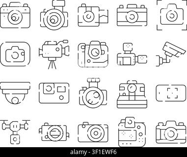 Icônes d'équipement de caméra et de photographie représentant des dispositifs de capture de vidéo et d'image numériques, y compris les caméras de surveillance, les drones et les caméras d'action, illus Illustration de Vecteur