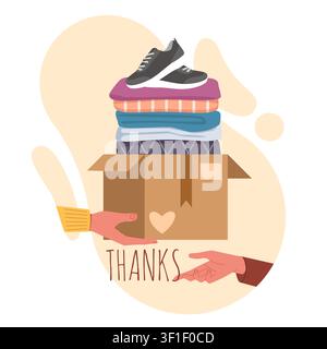 Don de vêtements et charité. Donner des vêtements et des chaussures à ceux qui en ont besoin, soutien bénévole, gentillesse et aide communautaire, vêtements et chaussures pliés dans Illustration de Vecteur